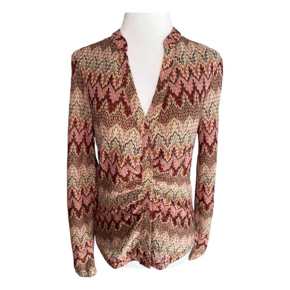 DR2 Daniel Rainn Pink Brown Chevron Metallic Knit Button Front Top Small NEW